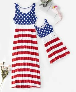 Upupup! Store Mommy＆me Baby Girl Family Summer Sleeveless Stripe Print 4th Of July Dress Girls Dress Cute For Birthday Party Princess Dress Gg