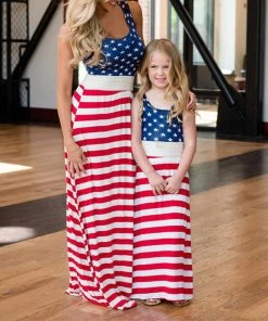 Upupup! Store Mommy＆me Baby Girl Family Summer Sleeveless Stripe Print 4th Of July Dress Girls Dress Cute For Birthday Party Princess Dress Gg
