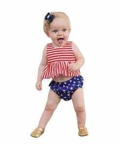 Onlineamericanstore Newborn Toddler Baby Toddler Girl Clothes Simple Match For Children 4th Of July Striped Stars Tops Vest Shorts Outfit BabyCloth Kids Clothing