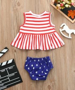 Onlineamericanstore Newborn Toddler Baby Toddler Girl Clothes Simple Match For Children 4th Of July Striped Stars Tops Vest Shorts Outfit BabyCloth Kids Clothing