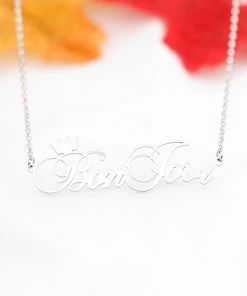 The American Store Personalized Name Crown Necklace Handmade Customized Cursive Font Nameplate Pendant Stainless Steel Chain Jewelry Birthday Gifts Custom Name Accessories