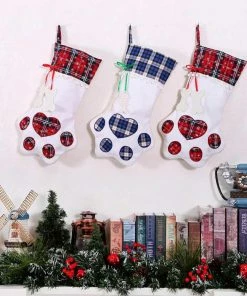 The American Store Large Plaid Paw Christmas Stocking For Dog Cat Christmas Gift Bags Xmas Tree Ornaments New Year Decoration Navidad Christmas Pets Collection