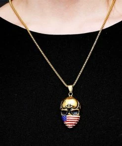 Tanghong Wedding Store Titanium Steel Face Mask Men's Pendant Necklace American Flag Masked Skull Hip Hop Ornaments Sweater Chain Halloween Gift LP1649 Gift Collection