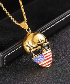 Tanghong Wedding Store Titanium Steel Face Mask Men's Pendant Necklace American Flag Masked Skull Hip Hop Ornaments Sweater Chain Halloween Gift LP1649 Gift Collection