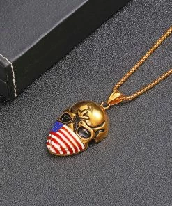 Tanghong Wedding Store Titanium Steel Face Mask Men's Pendant Necklace American Flag Masked Skull Hip Hop Ornaments Sweater Chain Halloween Gift LP1649 Gift Collection