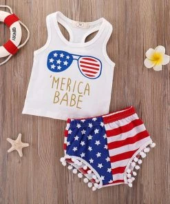 Onlineamericanstore Kids Clothing Toddler Baby Boys Girls Stars Striped Vest Tops+Shorts 4th Of July Outfits Set Sleeveless Striped Printed T-shirt Outfits