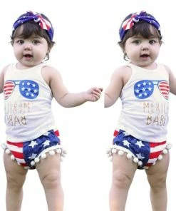 Onlineamericanstore Kids Clothing Toddler Baby Boys Girls Stars Striped Vest Tops+Shorts 4th Of July Outfits Set Sleeveless Striped Printed T-shirt Outfits