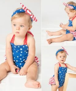 Onlineamericanstore Kids Clothing Toddler Baby Girls 4th Of July Independence Day Sleeveless Lace Sling Stars Print Climbing Jumpsuit Romper+Headbands Set Outfit