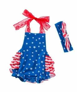 Onlineamericanstore Kids Clothing Toddler Baby Girls 4th Of July Independence Day Sleeveless Lace Sling Stars Print Climbing Jumpsuit Romper+Headbands Set Outfit