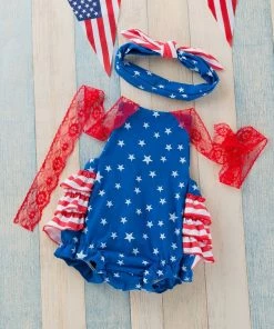 Onlineamericanstore Kids Clothing Toddler Baby Girls 4th Of July Independence Day Sleeveless Lace Sling Stars Print Climbing Jumpsuit Romper+Headbands Set Outfit