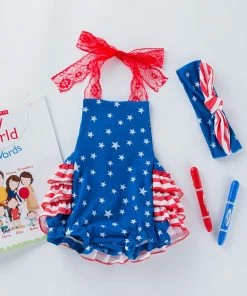 Onlineamericanstore Kids Clothing Toddler Baby Girls 4th Of July Independence Day Sleeveless Lace Sling Stars Print Climbing Jumpsuit Romper+Headbands Set Outfit