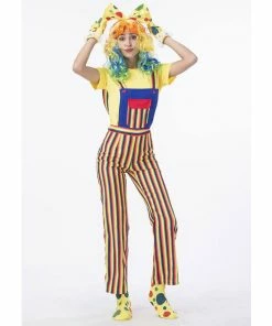 Umorden Official Store Umorden Carnival Party Halloween Clown Costumes Men Women Rainbow Circus Clown Costume Cosplay Fancy Striped Top Pants Couple