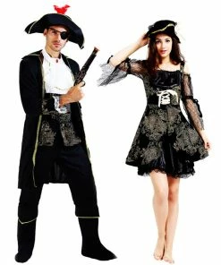 Umorden Official Store Umorden Halloween Pirate Costumes Adult Men Women Captain Pirate Costume Black Gold Printing Fantasia Carnival Cosplay Couple