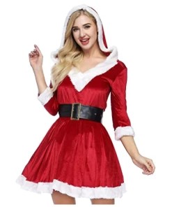 The American Store Women's Christmas Costume Xmas Santa Costume Sexy Costume Long Sleeve Plush Warm Hooded Fancy Pleated Dress Christmas Women Clothing