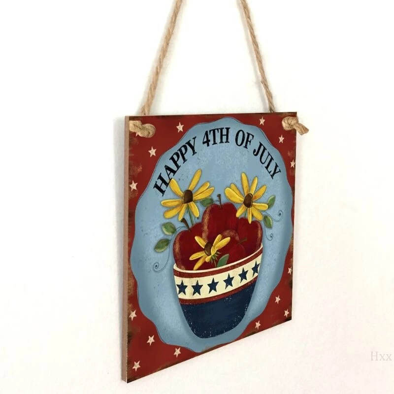 The American Store Vintage Wooden Hanging Plaque Happy 4th Of July Sign Board Wall Door Home Decoration Independence Day Party Gift JM01418