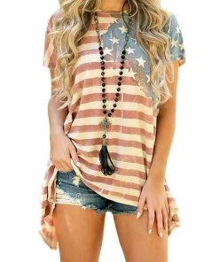 Aifer Women's American Flag Striped T-Shirts 4th July Short Sleeve Loose Blouse USA Flag Tops Women Clothing