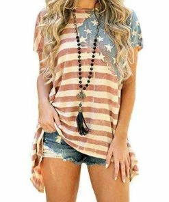 Aifer Women's American Flag Striped T-Shirts 4th July Short Sleeve Loose Blouse USA Flag Tops Women Clothing