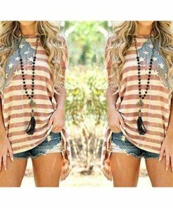 Aifer Women's American Flag Striped T-Shirts 4th July Short Sleeve Loose Blouse USA Flag Tops Women Clothing
