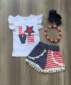 Girlymax No.2 Store Kids Clothing Baby Girls Summer Clothes Cotton Love America Star Stripe Boutique Shorts White Navy Outfits Girls July 4th Match Accessories