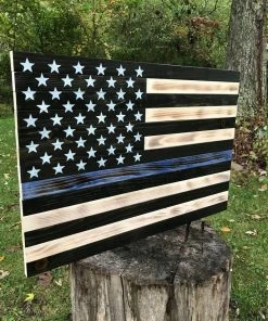 The American Store Rustic Wood Marine Corp Blue Line American Flag Firearm Concealment Cabinet Case Home Decor