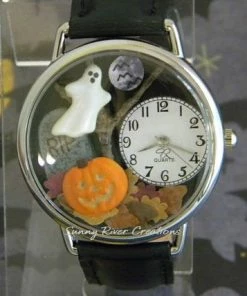 SunnyRiverCreations Halloween Accessories Spooky Halloween Watch With Glow-in-the-dark Pumpkin Face And Edge Of Ghost With Autumn Leaves Tombstone Moon Bats And Dead Tree