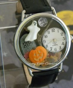 SunnyRiverCreations Halloween Accessories Spooky Halloween Watch With Glow-in-the-dark Pumpkin Face And Edge Of Ghost With Autumn Leaves Tombstone Moon Bats And Dead Tree