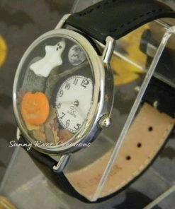 SunnyRiverCreations Halloween Accessories Spooky Halloween Watch With Glow-in-the-dark Pumpkin Face And Edge Of Ghost With Autumn Leaves Tombstone Moon Bats And Dead Tree