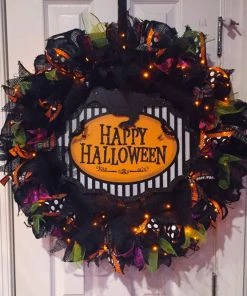DillyBeanDesign Halloween Wreath 25" Black Purple Green And Orange Burlap Light Up Happy Halloween Sign Wreath Halloween Decor Door Wreath Halloween