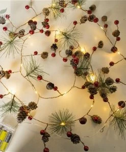 The American Store Christmas Decorations Red Berry Christmas Garland Lights LED Copper Fairy Lights Real Pinecone String Lights For Christmas Holiday Tree And Home Decoration