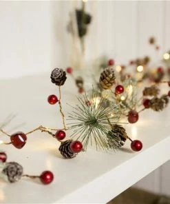 The American Store Christmas Decorations Red Berry Christmas Garland Lights LED Copper Fairy Lights Real Pinecone String Lights For Christmas Holiday Tree And Home Decoration