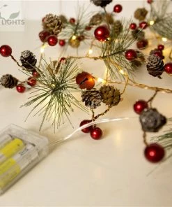 The American Store Christmas Decorations Red Berry Christmas Garland Lights LED Copper Fairy Lights Real Pinecone String Lights For Christmas Holiday Tree And Home Decoration