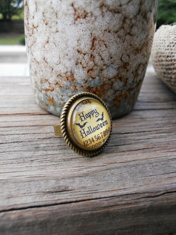 The American Store Happy Halloween Ring Adjustable Glass Dome In Vintage Style Bezel In Choice Of Color, Halloween Ring, Halloween Jewelry, Wiccan Ring 5 The American Store Happy Halloween Ring Adjustable Glass Dome In Vintage Style Bezel In Choice Of Color, Halloween Ring, Halloween Jewelry, Wiccan Ring