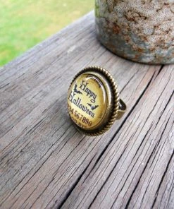The American Store Happy Halloween Ring Adjustable Glass Dome In Vintage Style Bezel In Choice Of Color, Halloween Ring, Halloween Jewelry, Wiccan Ring
