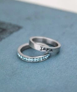 Onlineamericanstore Personalized Stacking Birthstone Ring, Customized Silver Ring, Hand Stamped Stainless Steel Name Ring, Silver Personalized Ring Custom Name Accessories