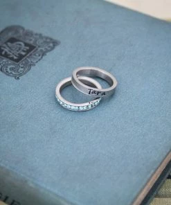 Onlineamericanstore Personalized Stacking Birthstone Ring, Customized Silver Ring, Hand Stamped Stainless Steel Name Ring, Silver Personalized Ring Custom Name Accessories