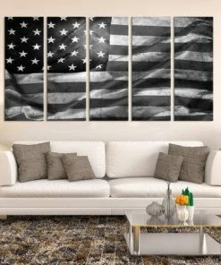 WorldMapArtPrint XLarge 5-Panel Wall Art Canvas Print, Black And White/Original Color American Flag Wall Art Canvas Print, Extra Large American Flag Canvas Wall Decor & Art