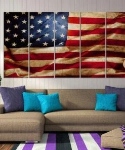 WorldMapArtPrint XLarge 5-Panel Wall Art Canvas Print, Black And White/Original Color American Flag Wall Art Canvas Print, Extra Large American Flag Canvas Wall Decor & Art