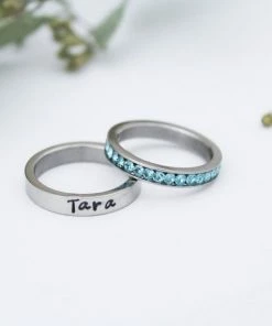 Onlineamericanstore Personalized Stacking Birthstone Ring, Customized Silver Ring, Hand Stamped Stainless Steel Name Ring, Silver Personalized Ring Custom Name Accessories