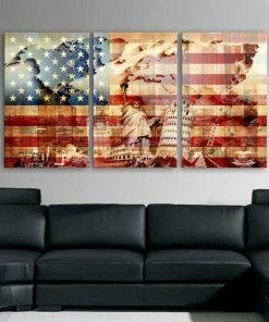 BoxColors LARGE 30"x 60" 3 Panels Art Canvas Print American USA Flag Glory Wonders Statue Of Liberty Wall Decor Home Interior ( Framed 1.5" Depth )