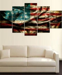 EhabCanvas Retro American Flag Canvas Home Decor, USA Flag Wall Art Poster, Patriot Abstract Printing Decoration, 5 Panels Canvas Prints Handmade Gift