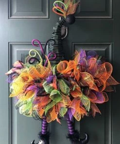 Online American Store Halloween Witch Hat Wreath Halloween Wreath 22" Black Purple Green And Orange Ribbon Glittery Witch Hat Wreath Halloween Wreath