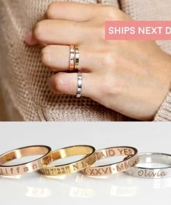 Onlineamericanstore Stacking Ring Engraved Ring Personalized Ring For Women Gold Plated Ring For Women Custom Name Ring Coordinate Rings - R4