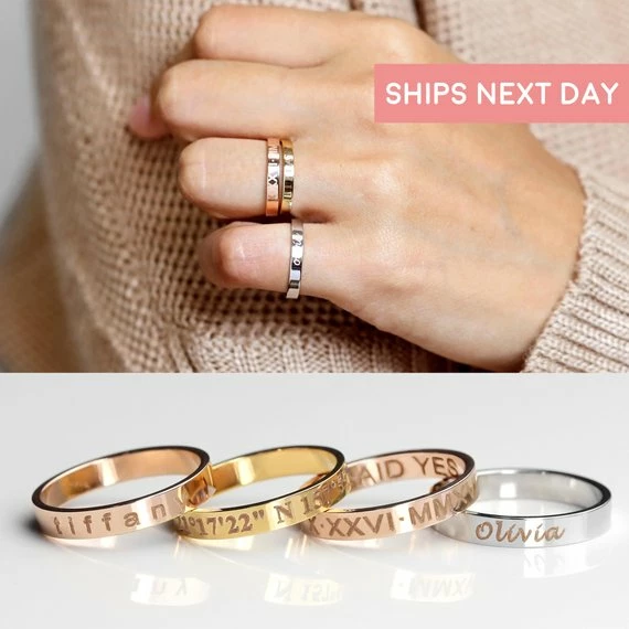 Onlineamericanstore Stacking Ring Engraved Ring Personalized Ring For Women Gold Plated Ring For Women Custom Name Ring Coordinate Rings - R4 3 Onlineamericanstore Stacking Ring Engraved Ring Personalized Ring For Women Gold Plated Ring For Women Custom Name Ring Coordinate Rings - R4
