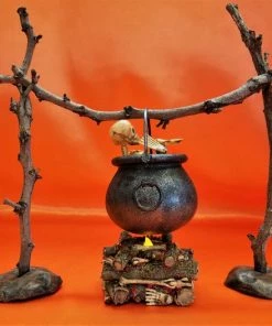 Online American Store Handmade Witch Cauldron Halloween Display, Table Centerpiece, Mantle Decoration, Lighted Cauldron Fire, Creepy Witch Fire, Cooking Skeleton Halloween Decorations