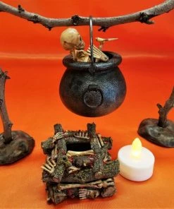 Online American Store Handmade Witch Cauldron Halloween Display, Table Centerpiece, Mantle Decoration, Lighted Cauldron Fire, Creepy Witch Fire, Cooking Skeleton Halloween Decorations