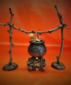 Online American Store Handmade Witch Cauldron Halloween Display, Table Centerpiece, Mantle Decoration, Lighted Cauldron Fire, Creepy Witch Fire, Cooking Skeleton Halloween Decorations