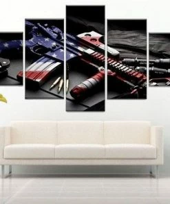 MCcanvas Retro Gun American Flag Military Canvas 5 Panel Art Independence Day Painting HD Print, Poster Wall Hanging Pictures Framework Home Decor Wall Decor & Art