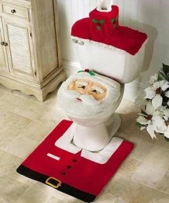 Onlineamericanstore Christmas Bathroom Set 3pcs/set Cloth Santa Claus Rug Cover Bathroom Seat Decor For Home Christmas Decoration Xmas Party Christmas Toilet Christmas Decorations