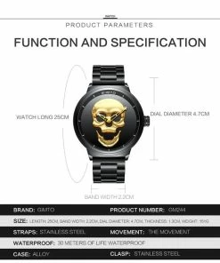 Onlineamericanstore Men's 3D Skull Watch - Luxury Steel Gold, Black Vintage Quartz Men's Watch, Men Gift Watch, Day Of The Dead Gift Watch, Free Shipping Halloween Jewelry