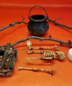 Online American Store Handmade Witch Cauldron Halloween Display, Table Centerpiece, Mantle Decoration, Lighted Cauldron Fire, Creepy Witch Fire, Cooking Skeleton Halloween Decorations